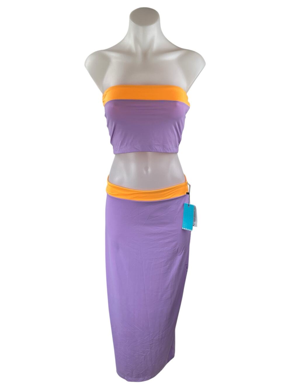 NEW ONEONE Sharon Purple Coral Bandeau Tube Slit Midi Long Skirt 2 Piece Set M